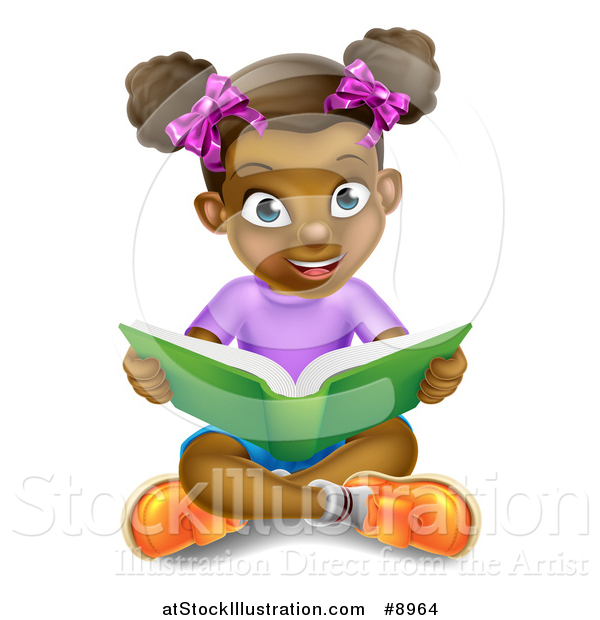 Vector Illustration of a Happy Black Girl Sitting on the Floor and Reading a Story Book