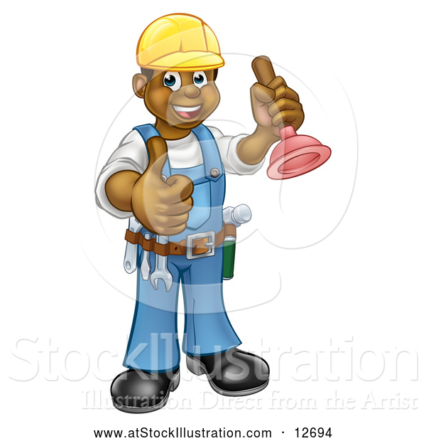 Vector Illustration of a Happy Black Male Plumber Posing with a Plunger and Giving a Thumb up