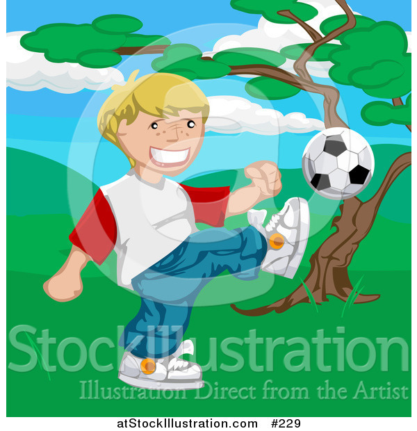 Vector Illustration of a Happy Blond Boy Kicking a Soccer Ball