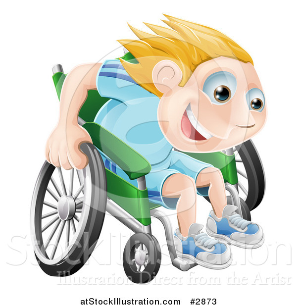 Vector Illustration of a Happy Blond Boy Racing Fast in His Wheelchair