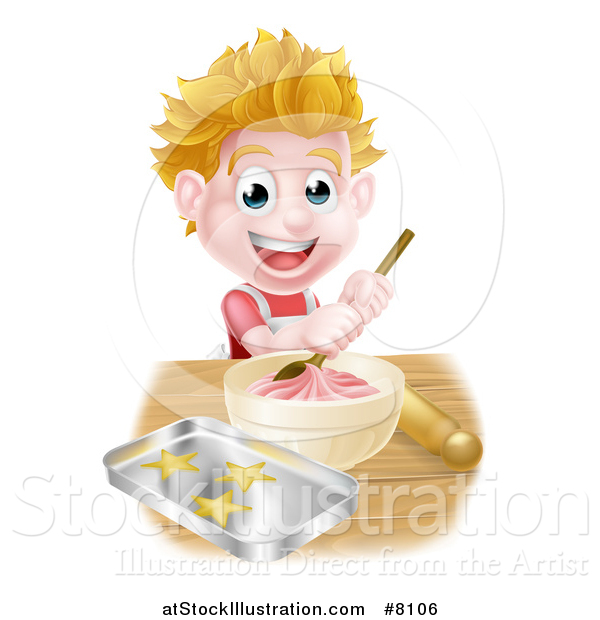 Vector Illustration of a Happy Blond Caucasian Boy Making Frosting and Baking Cookies