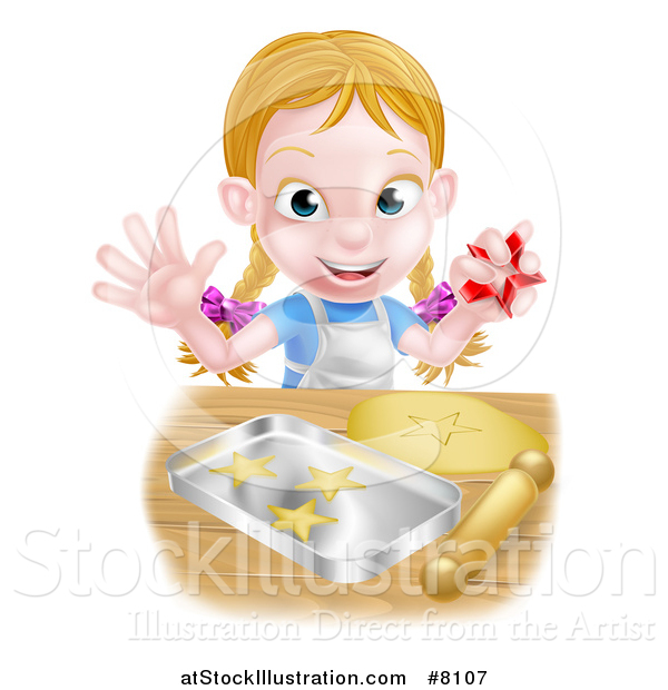 Vector Illustration of a Happy Blond Caucasian Girl Baking Cookies and Holding a Cutter