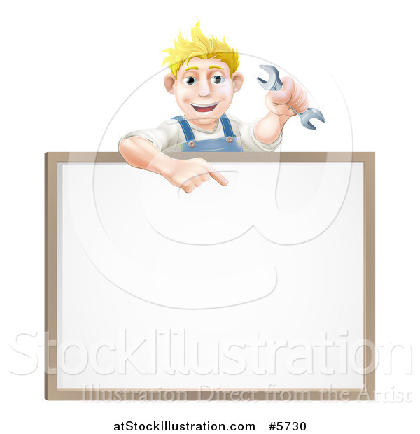 Vector Illustration of a Happy Blond Caucasian Mechanic Man Holding a Wrench over a White Board Sign