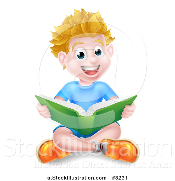 Vector Illustration of a Happy Blond Caucasian School Boy Reading a Book on the Floor