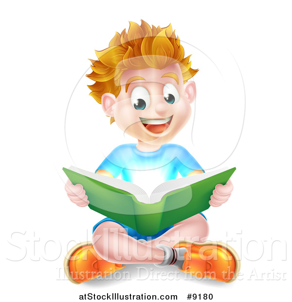 Vector Illustration of a Happy Blond Caucasian School Boy Reading a Book on the Floor, with Magical Light