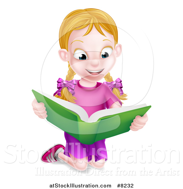 Vector Illustration of a Happy Blond Caucasian School Girl Kneeling and Reading a Book