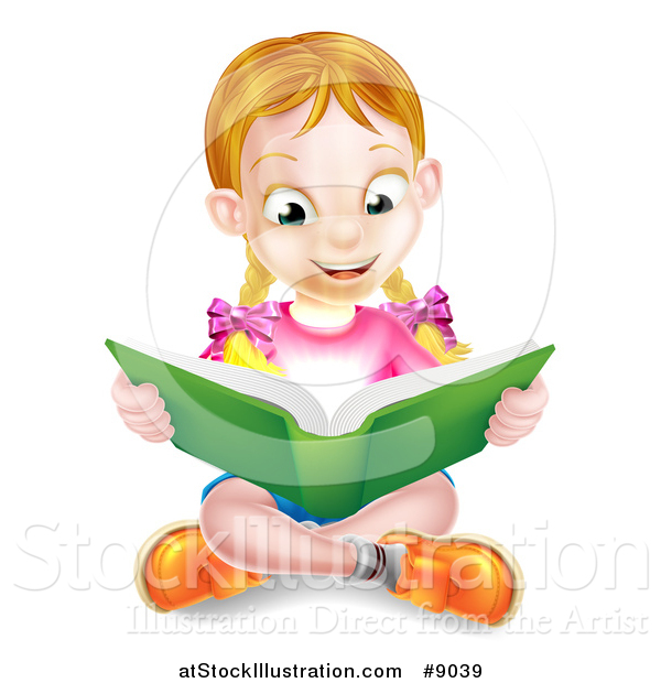 Vector Illustration of a Happy Blond Caucasian School Girl Reading a Book on the Floor, with Magic Glowing Lights