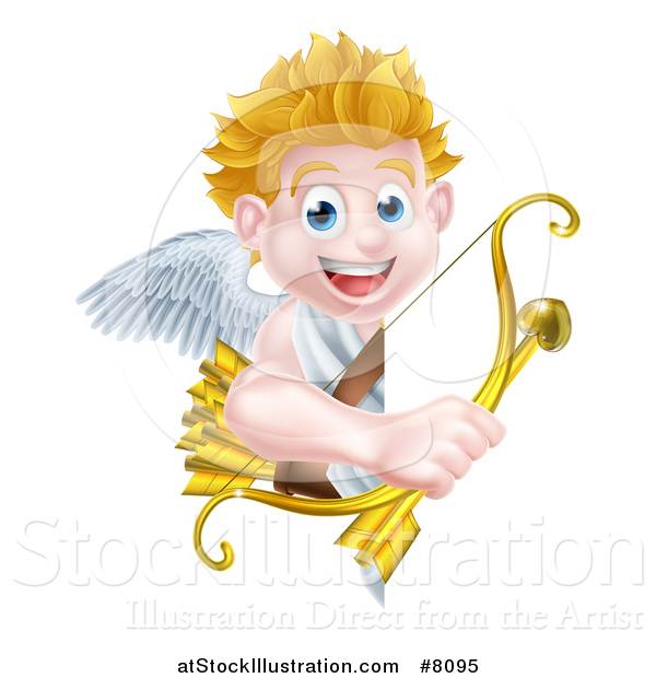 Vector Illustration of a Happy Blond Caucasian Valentines Day Cupid Holding a Gold Heart Arrow and His Bow Around a Sign