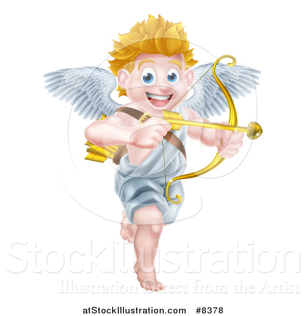 Vector Illustration of a Happy Blond Caucasian Valentines Day Cupid Smiling and Aiming an Arrow