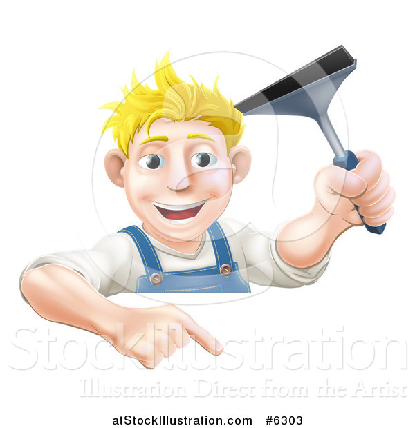 Vector Illustration of a Happy Blond Caucasian Window Cleaner Man Holding a Squeegee and Pointing down over a Sign