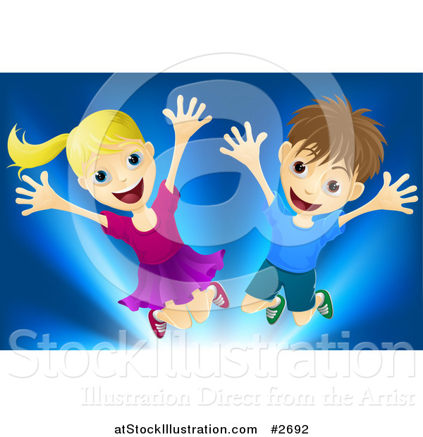Vector Illustration of a Happy Blond Girl and Brunette Boy Jumping over Blue