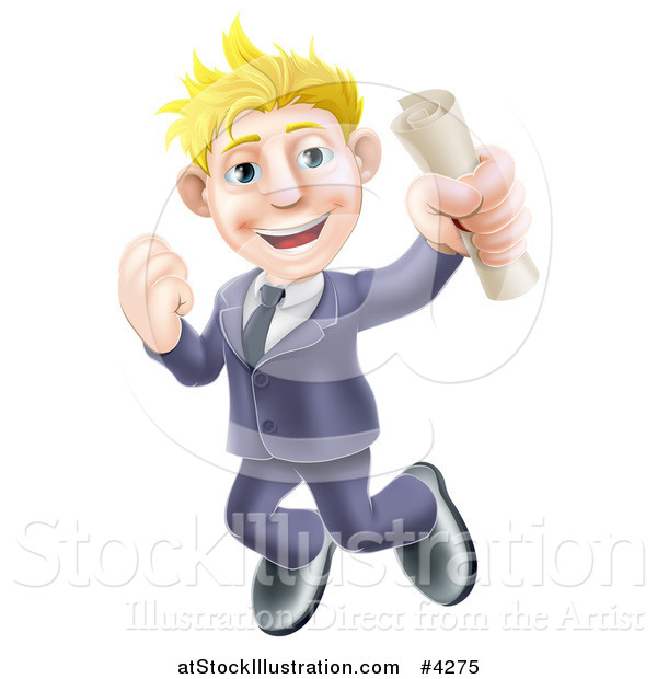 Vector Illustration of a Happy Blond Graduate Business Man Jumping and Holding a Diploma