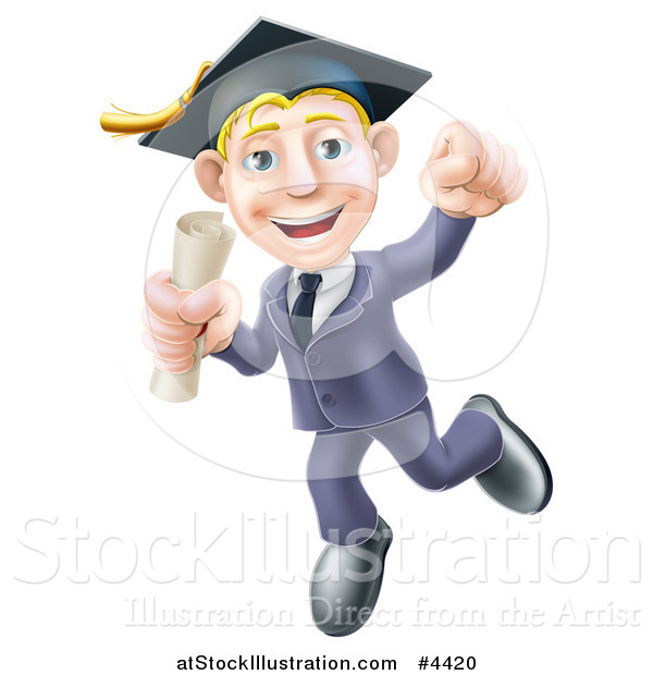 Vector Illustration of a Happy Blond Graduate Business Man Jumping Wearing a Graduation Cap and Holding a Diploma 2