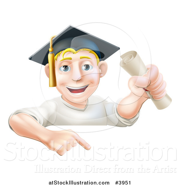 Vector Illustration of a Happy Blond Graduate Man Holding a Certificate and Pointing down at a Sign