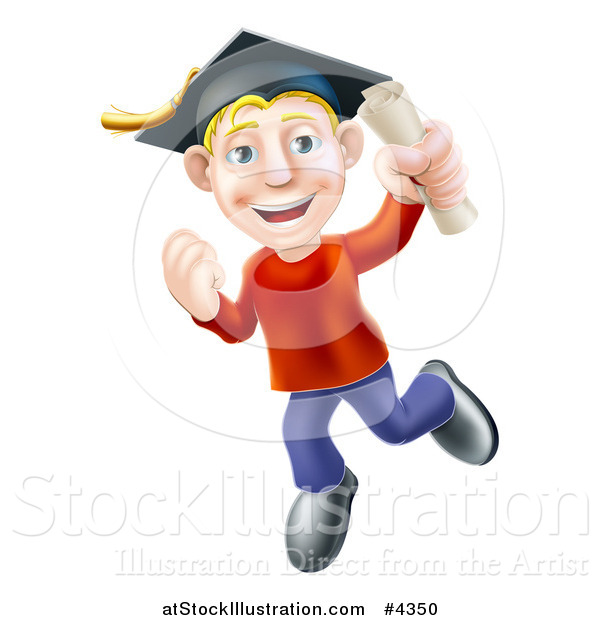 Vector Illustration of a Happy Blond Graduate Man Jumping with a Scroll in Hand
