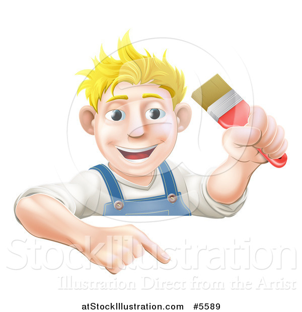 Vector Illustration of a Happy Blond Male Caucasian Painter Holding a Paintbrush and Pointing down at a Sign