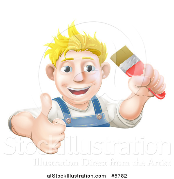 Vector Illustration of a Happy Blond Male Caucasian Painter Holding a Paintbrush and Thumb up over a Sign