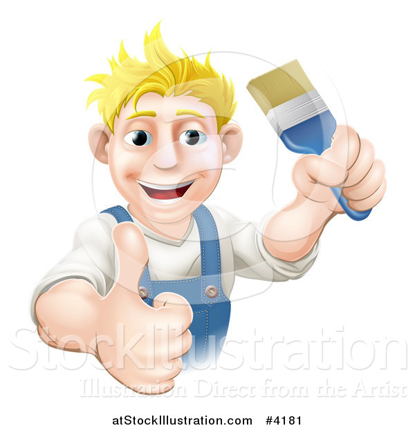 Vector Illustration of a Happy Blond Male House Painter Holding a Brush and Thumb up