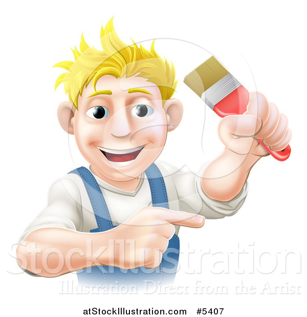 Vector Illustration of a Happy Blond Male Painter Holding up and a Brush and Pointing