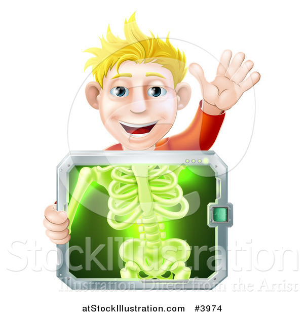 Vector Illustration of a Happy Blond Man Holding an Xray Screen over His Torso and Waving