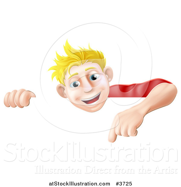 Vector Illustration of a Happy Blond Man Pointing down at a Sign