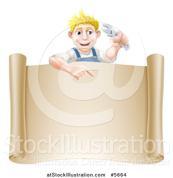 Vector Illustration of a Happy Blond Mechanic Man Holding a Wrench over a Scroll Sign