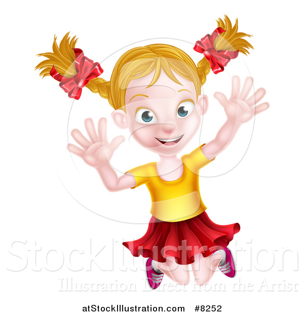 Vector Illustration of a Happy Blond White Girl Jumping Happily