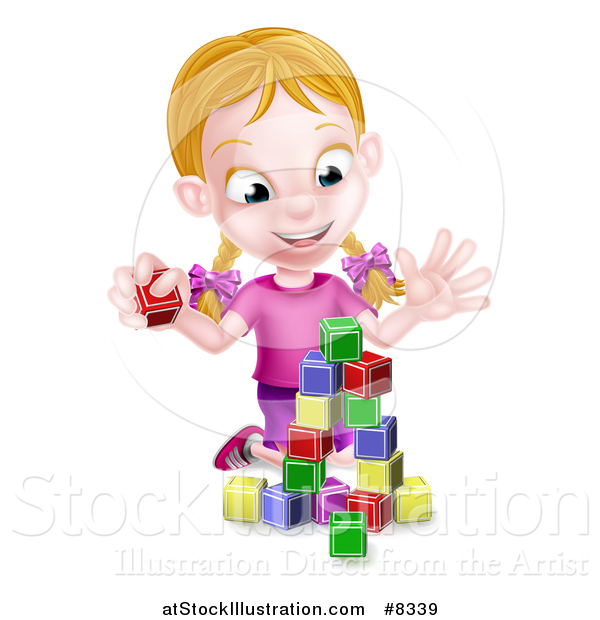 Vector Illustration of a Happy Blond White Girl Playing with Toy Blocks