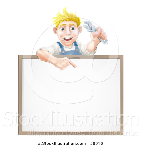 Vector Illustration of a Happy Blond White Mechanic Man Holding a Wrench over a White Board Sign