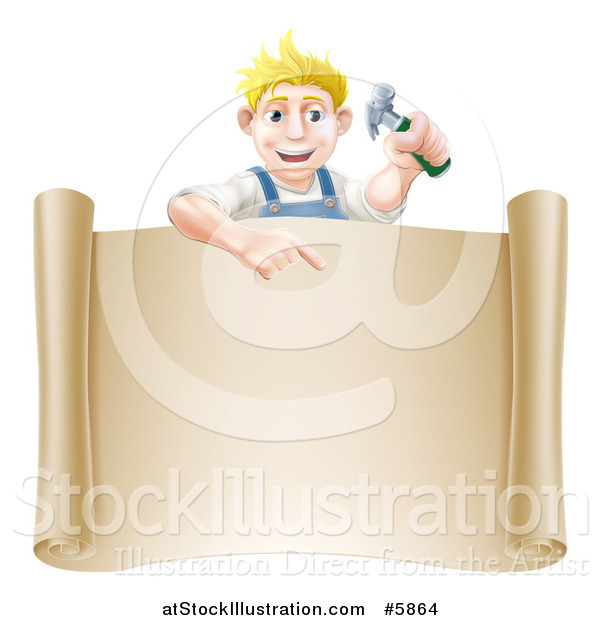 Vector Illustration of a Happy Blond White Worker Man Holding a Hammer and Pointing down at a Scroll Sign