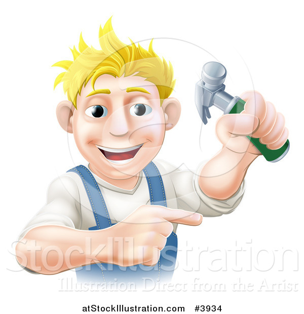 Vector Illustration of a Happy Blond Worker Man Holding a Hammer and Pointing