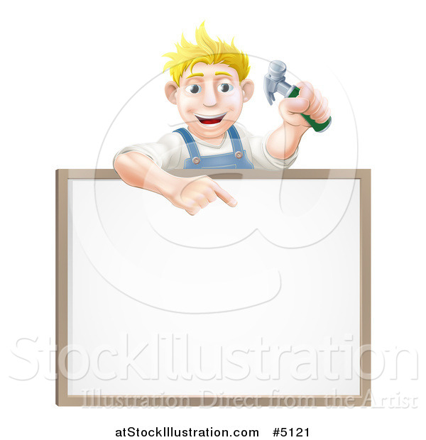 Vector Illustration of a Happy Blond Worker Man Holding a Hammer and Pointing down at a White Board Sign