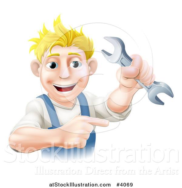 Vector Illustration of a Happy Blond Worker Man Holding a Wrench and Pointing