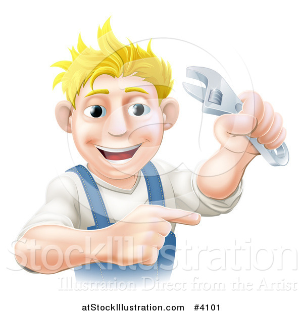 Vector Illustration of a Happy Blond Worker Pointing and Holding an Adjustable Spanner Wrench