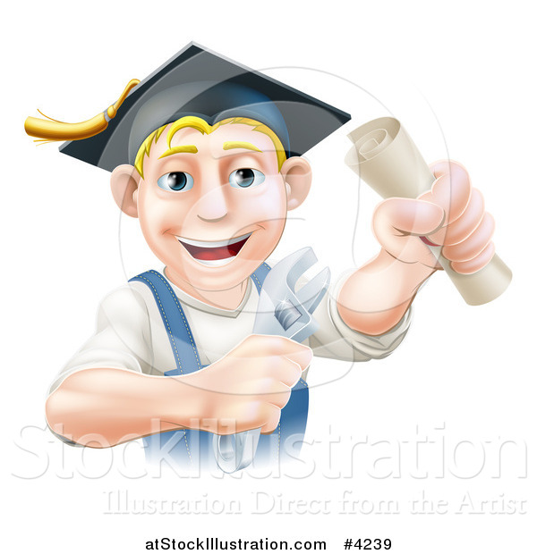Vector Illustration of a Happy Blond Worker Wearing a Mortar Board, Holding a Wrench and Degree