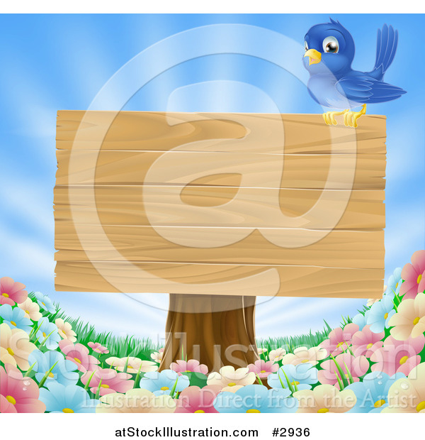 Vector Illustration of a Happy Blue Bird Perched on a Wooden Sign over Wild Flowers on a Sunny Day