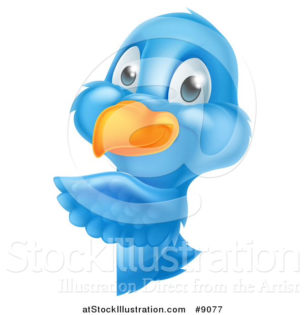 Vector Illustration of a Happy Blue Bird Pointing Around a Sign