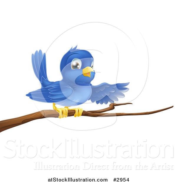 Vector Illustration of a Happy Blue Bird Pointing on a Bare Tree Branch