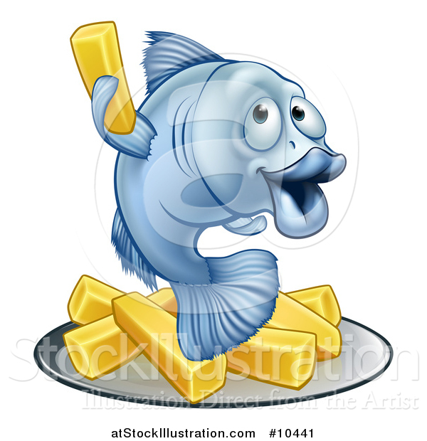Vector Illustration of a Happy Blue Cod Fish Holding up a Fry over Chips