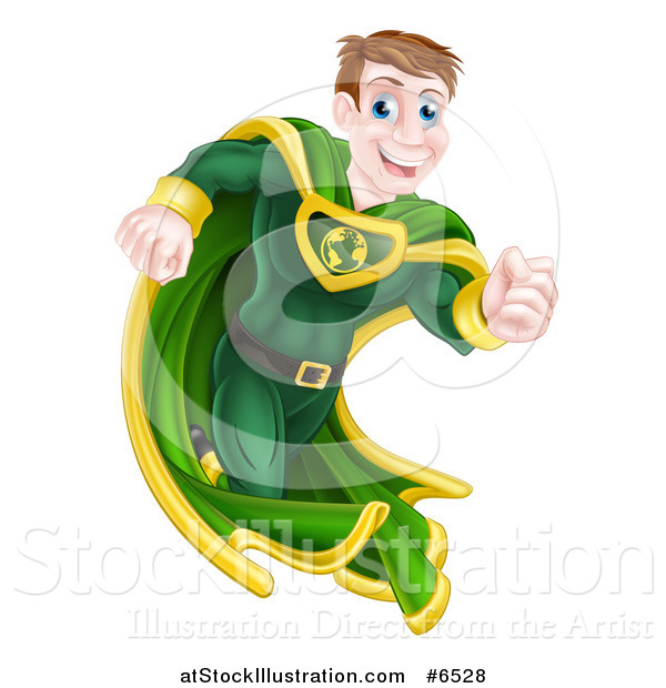 Vector Illustration of a Happy Blue Eyed Caucasian Male Super Hero Running in a Green Suit