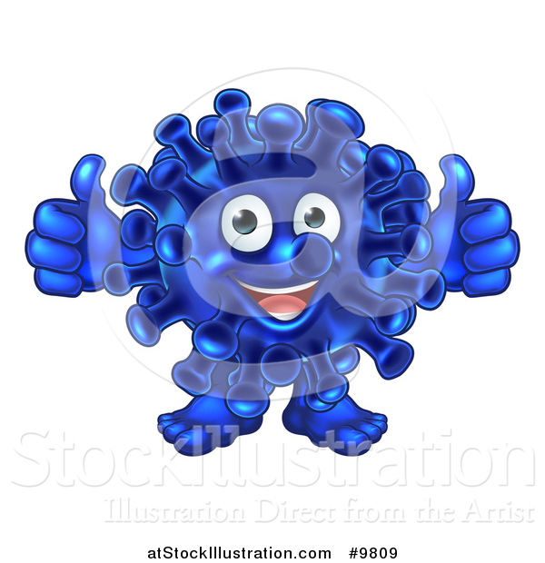 Vector Illustration of a Happy Blue Virus or Monster Giving Two Thumbs up