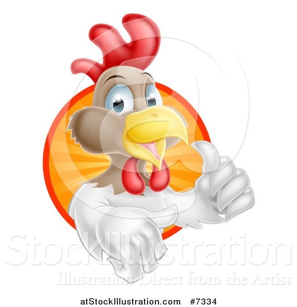 Vector Illustration of a Happy Brown and White Chicken or Rooster Mascot Giving a Thumb up and Emerging from a Sun Ray Circle