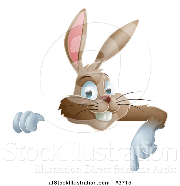 Vector Illustration of a Happy Brown Bunny over a Sign, Pointing down