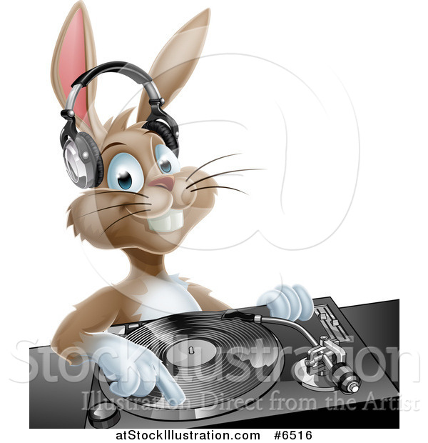 Vector Illustration of a Happy Brown Bunny Rabbit Dj Wearing Headphones over a Turntable