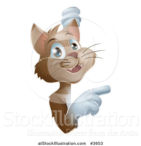 Vector Illustration of a Happy Brown Cat Looking Around and Pointing to a Sign