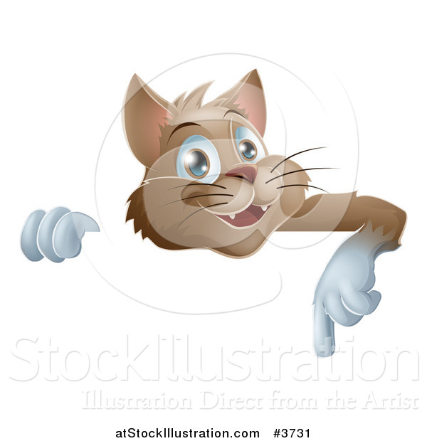 Vector Illustration of a Happy Brown Cat Pointing down at a Sign