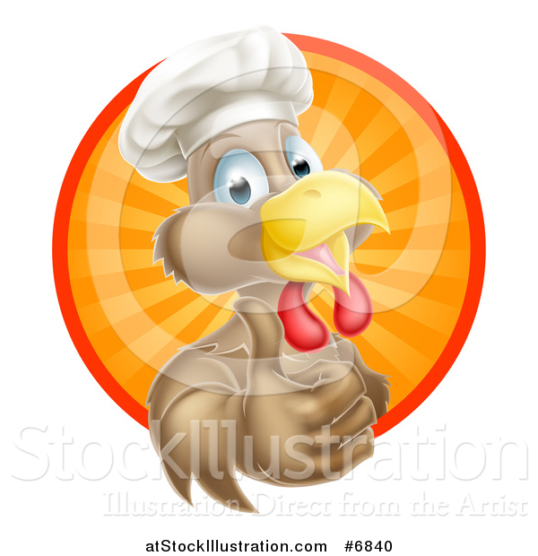 Vector Illustration of a Happy Brown Chef Chicken Giving a Thumb up and Emerging from a Circle of Sun Rays