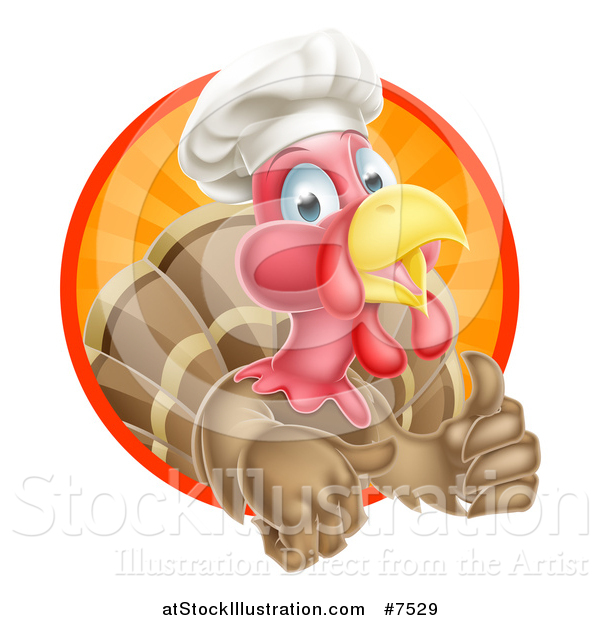 Vector Illustration of a Happy Brown Chef Chicken Giving a Thumb up and Emerging from a Circle of Sunset Rays