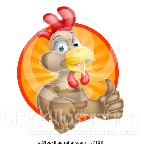 Vector Illustration of a Happy Brown Chicken or Rooster Mascot Giving a Thumb up and Emerging from a Sun Ray Circle
