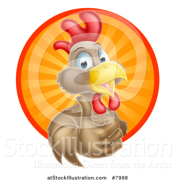 Vector Illustration of a Happy Brown Chicken or Rooster Mascot Giving a Thumb up and Emerging from a Sun Ray Circle